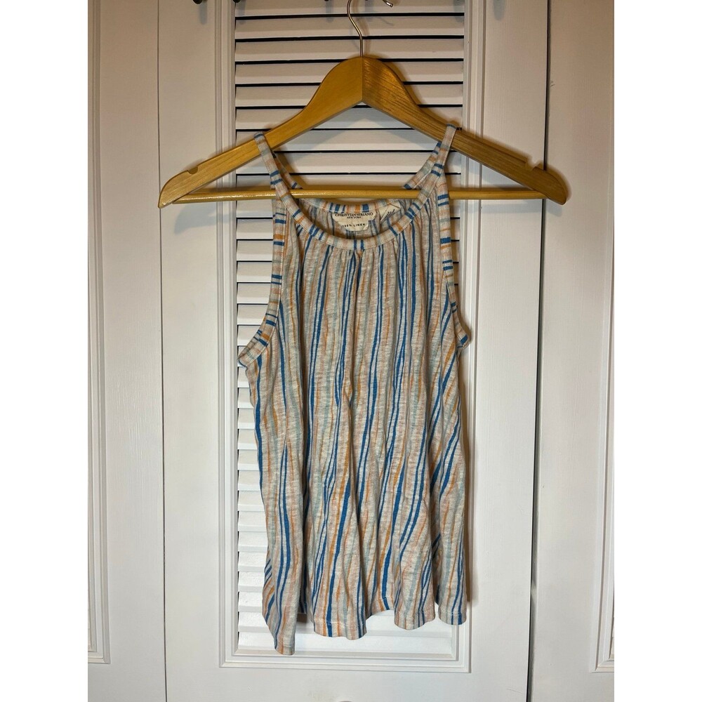 CHRISTIAN SIRIANO Linen Striped Blue and Orange Tank Top Coastal Small